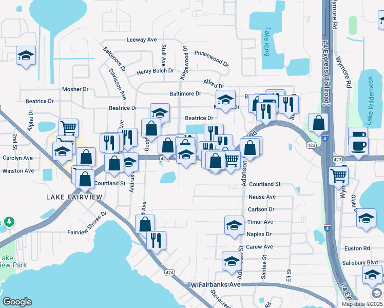 map of restaurants, bars, coffee shops, grocery stores, and more near 1101 Lee Road in Orlando