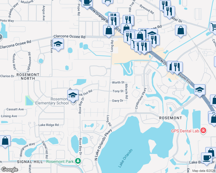 map of restaurants, bars, coffee shops, grocery stores, and more near 4436 Golden Rain Court in Orlando