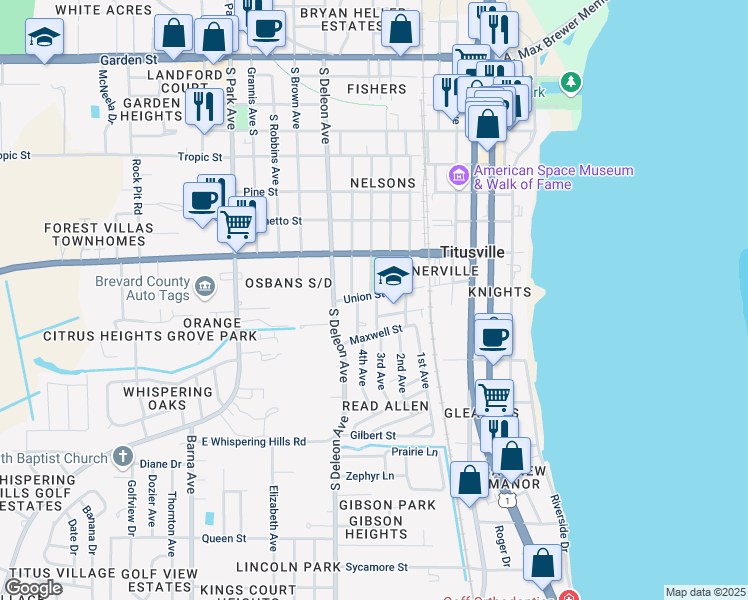 map of restaurants, bars, coffee shops, grocery stores, and more near 806 Olive Avenue in Titusville
