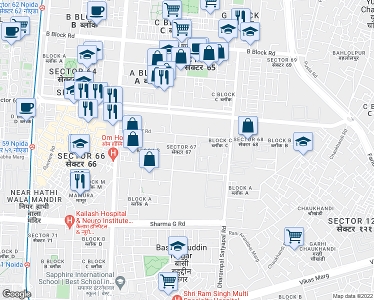 map of restaurants, bars, coffee shops, grocery stores, and more near Unnamed Road in Noida