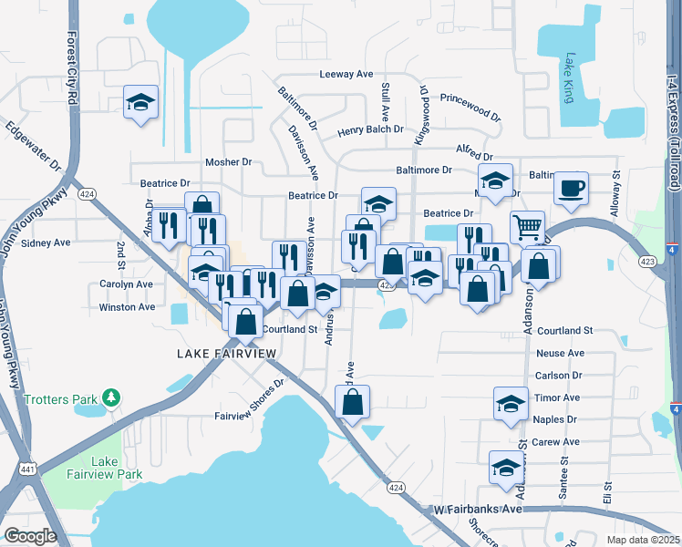 map of restaurants, bars, coffee shops, grocery stores, and more near 5220 Goddard Avenue in Orlando