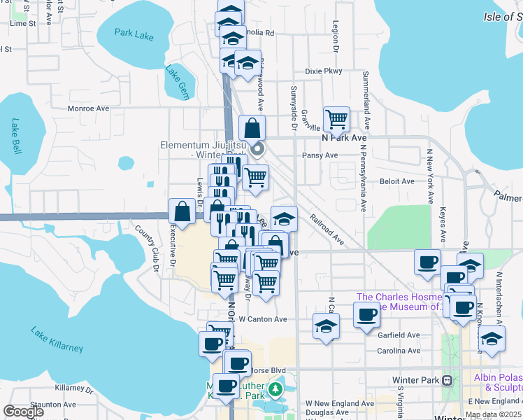map of restaurants, bars, coffee shops, grocery stores, and more near 977 Cherokee Avenue in Winter Park
