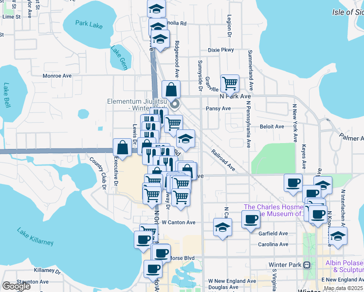 map of restaurants, bars, coffee shops, grocery stores, and more near 977 Cherokee Avenue in Winter Park