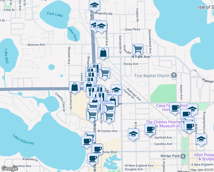 map of restaurants, bars, coffee shops, grocery stores, and more near 977 Cherokee Avenue in Winter Park