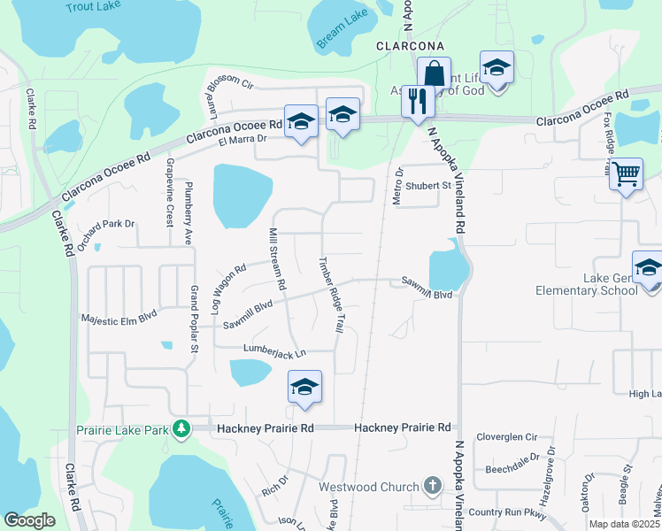 map of restaurants, bars, coffee shops, grocery stores, and more near 6925 Log Jam Court in Ocoee