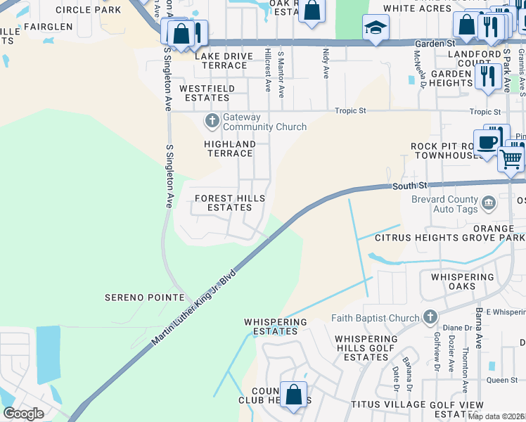 map of restaurants, bars, coffee shops, grocery stores, and more near 796 Hillcrest Avenue in Titusville
