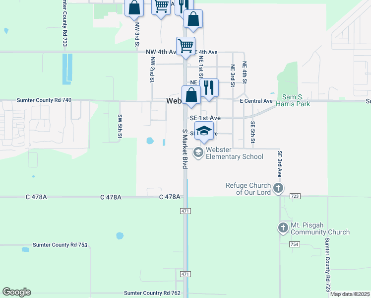 map of restaurants, bars, coffee shops, grocery stores, and more near South Market Boulevard in Webster