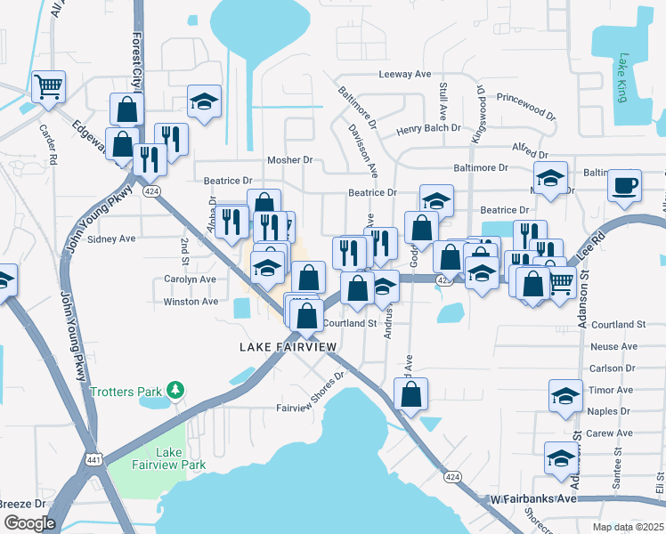 map of restaurants, bars, coffee shops, grocery stores, and more near 5200 Eggleston Ave in Fairview Shores