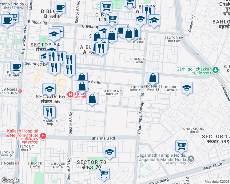 map of restaurants, bars, coffee shops, grocery stores, and more near Unnamed Road in Noida