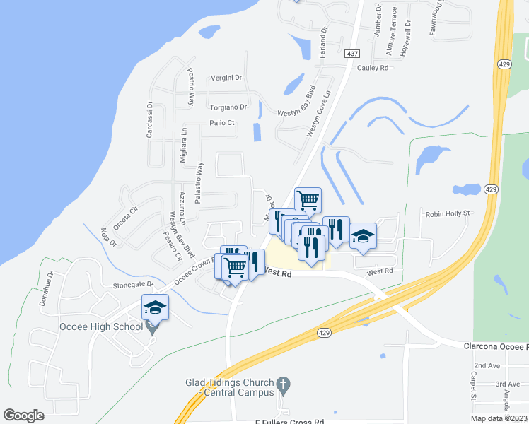 map of restaurants, bars, coffee shops, grocery stores, and more near 397 Merlot Drive in Ocoee