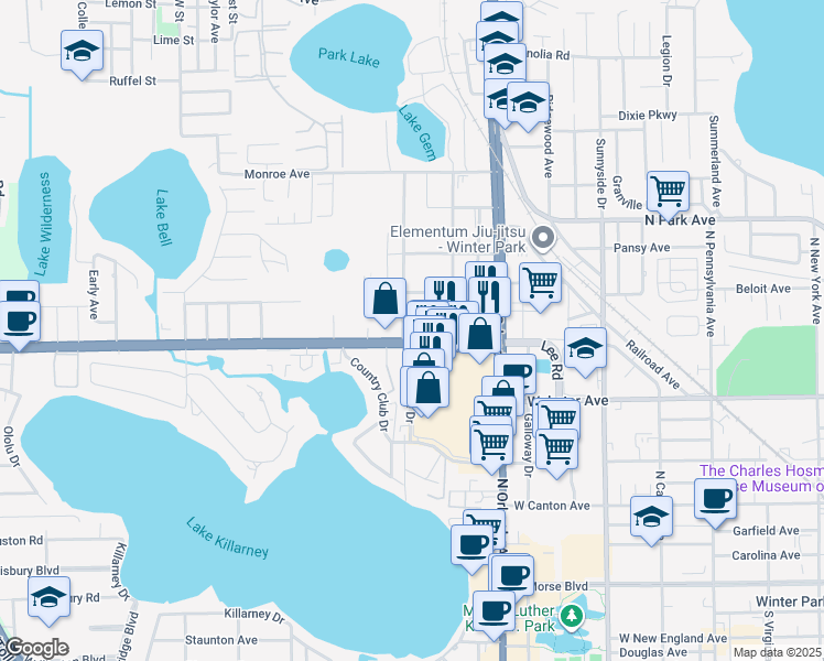 map of restaurants, bars, coffee shops, grocery stores, and more near 1561 Lee Road in Winter Park