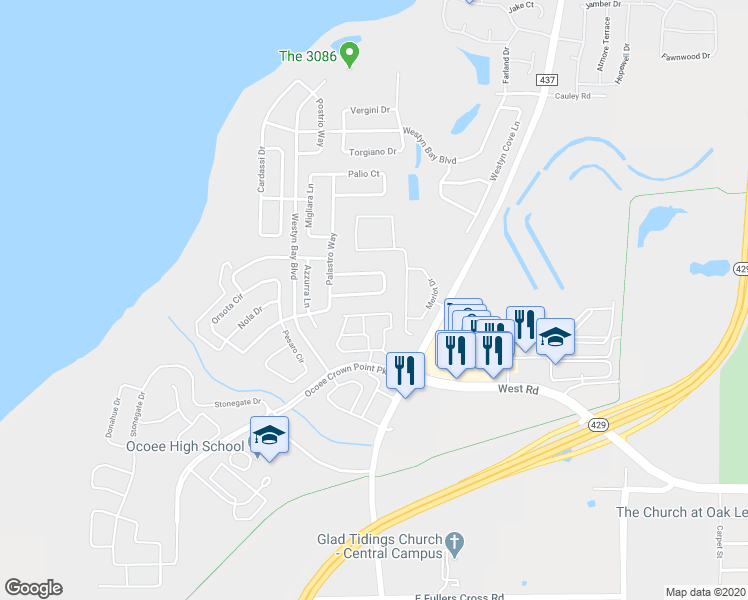 map of restaurants, bars, coffee shops, grocery stores, and more near 668 Cimarosa Court in Ocoee