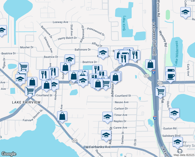 map of restaurants, bars, coffee shops, grocery stores, and more near 1035 Lee Road in Orlando
