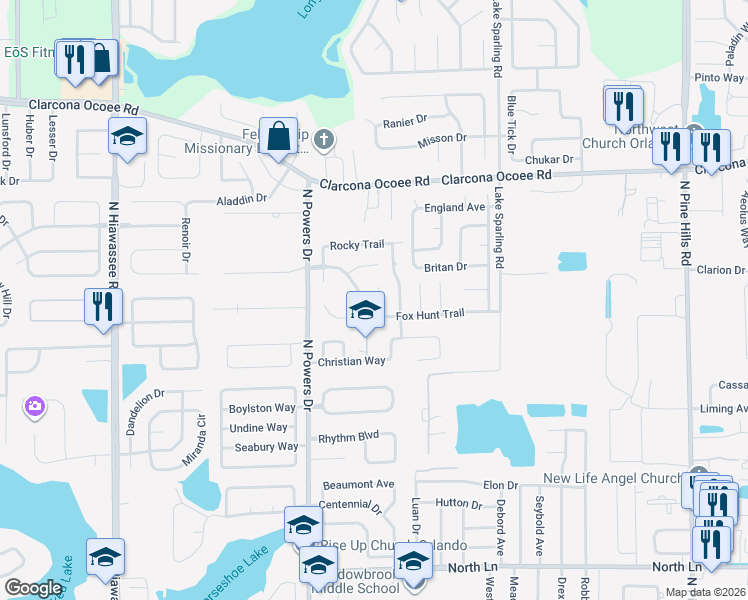 map of restaurants, bars, coffee shops, grocery stores, and more near 5326 Camrose Court in Orlando
