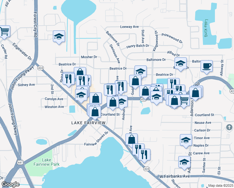 map of restaurants, bars, coffee shops, grocery stores, and more near 5217 Davisson Avenue in Orlando