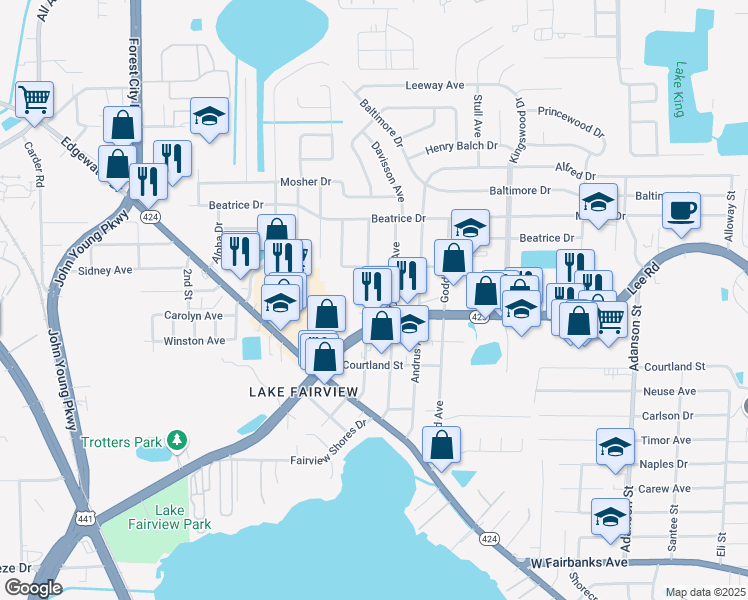 map of restaurants, bars, coffee shops, grocery stores, and more near 5205 Eggleston Avenue in Orlando