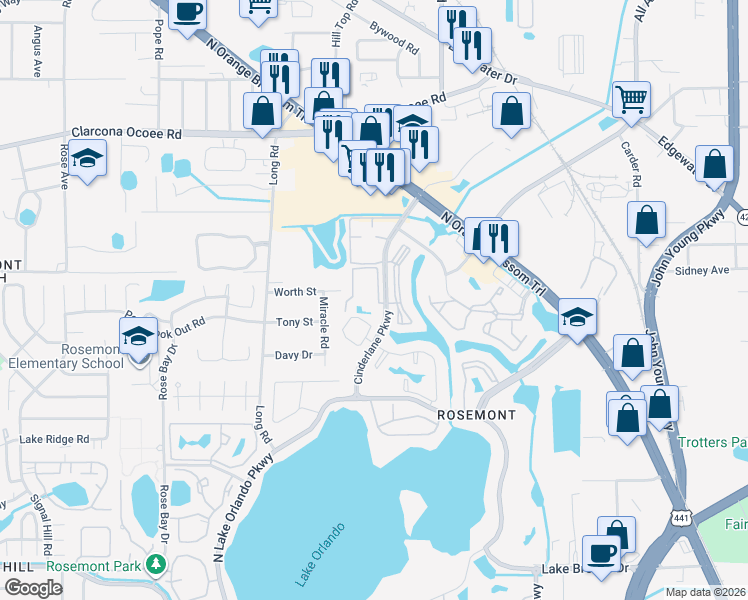 map of restaurants, bars, coffee shops, grocery stores, and more near 5290 Cinderlane Parkway in Orlando