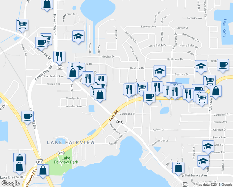 map of restaurants, bars, coffee shops, grocery stores, and more near 5212 Eggleston Avenue in Orlando