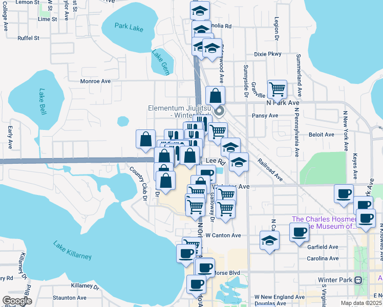 map of restaurants, bars, coffee shops, grocery stores, and more near 1251 Lee Road in Winter Park