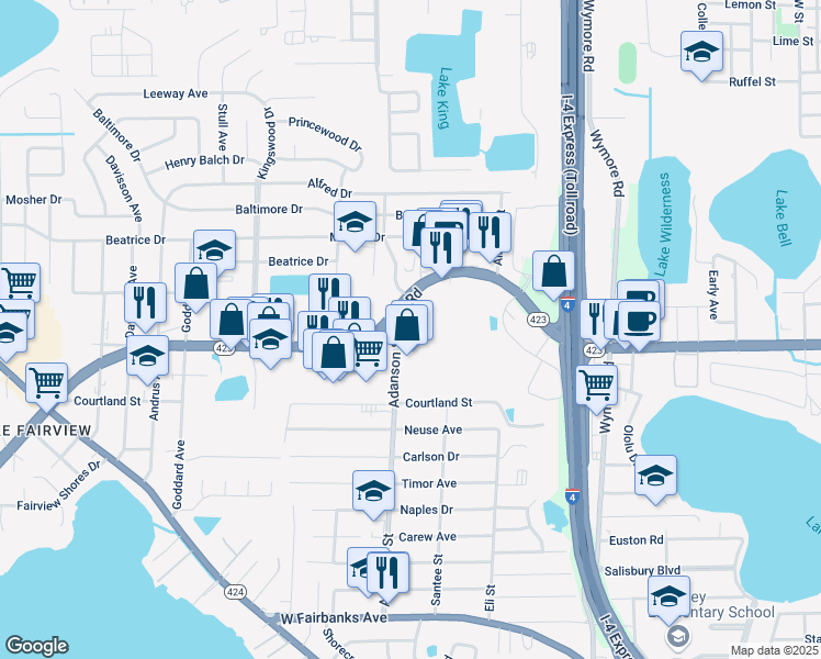 map of restaurants, bars, coffee shops, grocery stores, and more near 5165 Adanson Street in Orlando