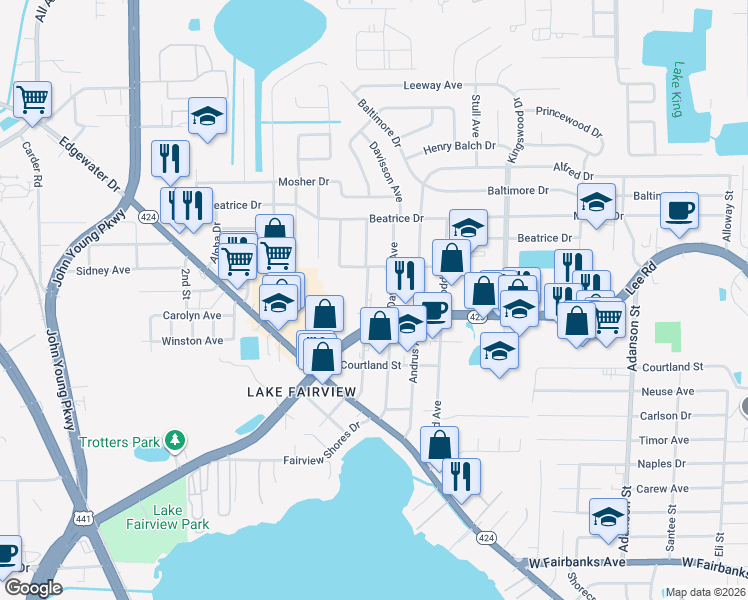 map of restaurants, bars, coffee shops, grocery stores, and more near 5205 Eggleston Avenue in Orlando