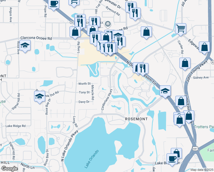 map of restaurants, bars, coffee shops, grocery stores, and more near 5290 Cinderlane Parkway in Orlando