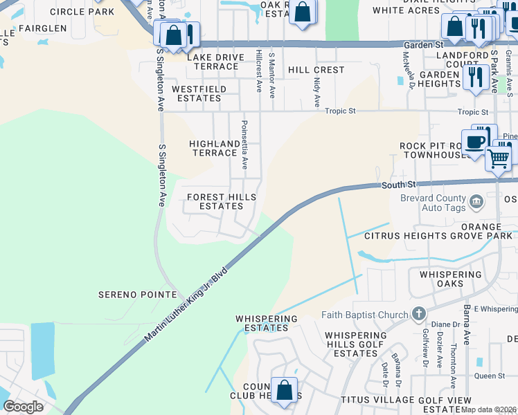 map of restaurants, bars, coffee shops, grocery stores, and more near 795 Hillcrest Avenue in Titusville
