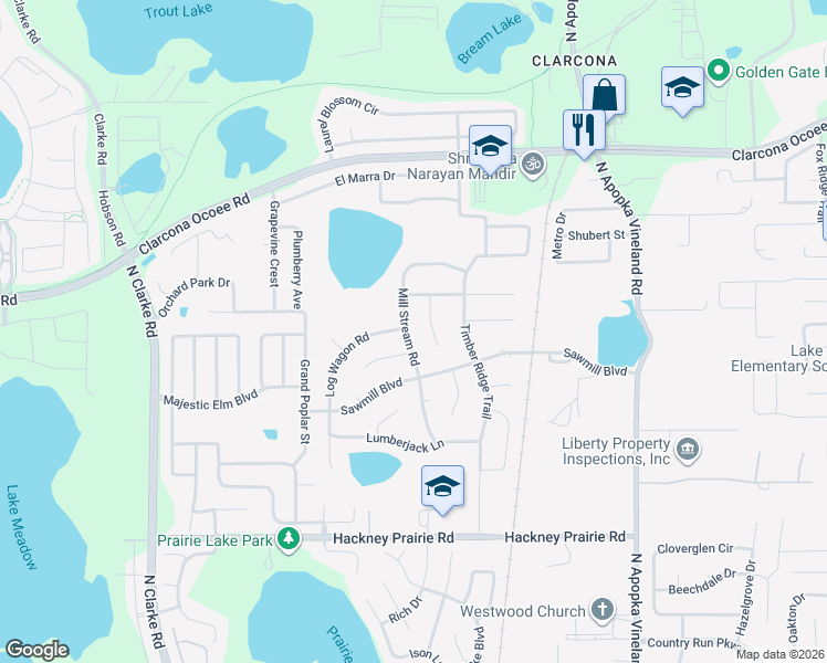 map of restaurants, bars, coffee shops, grocery stores, and more near 5115 Mill Stream Road in Ocoee