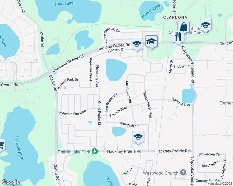 map of restaurants, bars, coffee shops, grocery stores, and more near 5158 Log Wagon Road in Ocoee