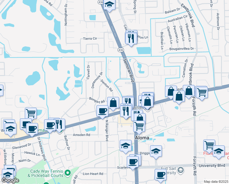 map of restaurants, bars, coffee shops, grocery stores, and more near 714 Denton Road in Winter Park