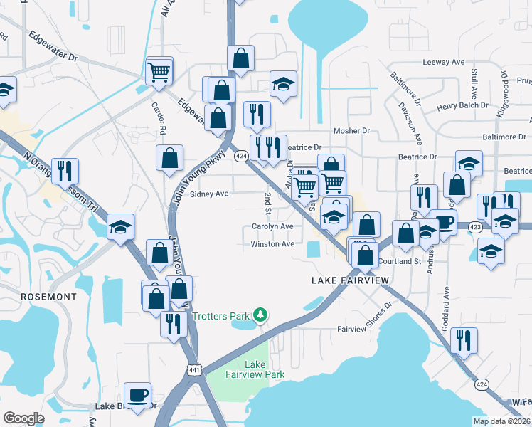 map of restaurants, bars, coffee shops, grocery stores, and more near 2550 Annandale Avenue in Orlando