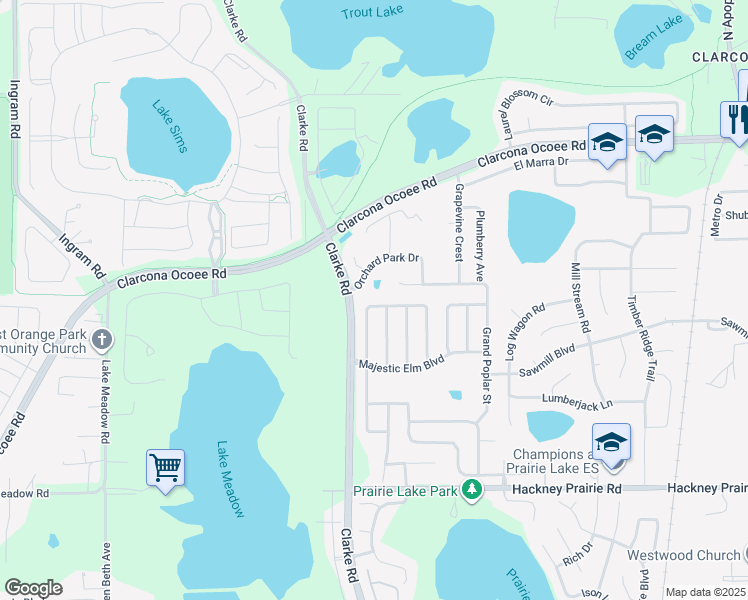 map of restaurants, bars, coffee shops, grocery stores, and more near 2538 Tall Maple Loop in Ocoee