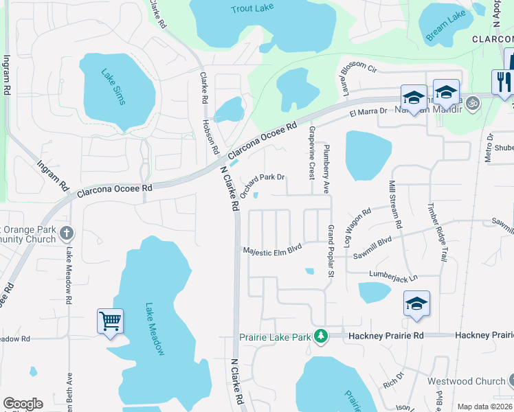 map of restaurants, bars, coffee shops, grocery stores, and more near 2538 Tall Maple Loop in Ocoee