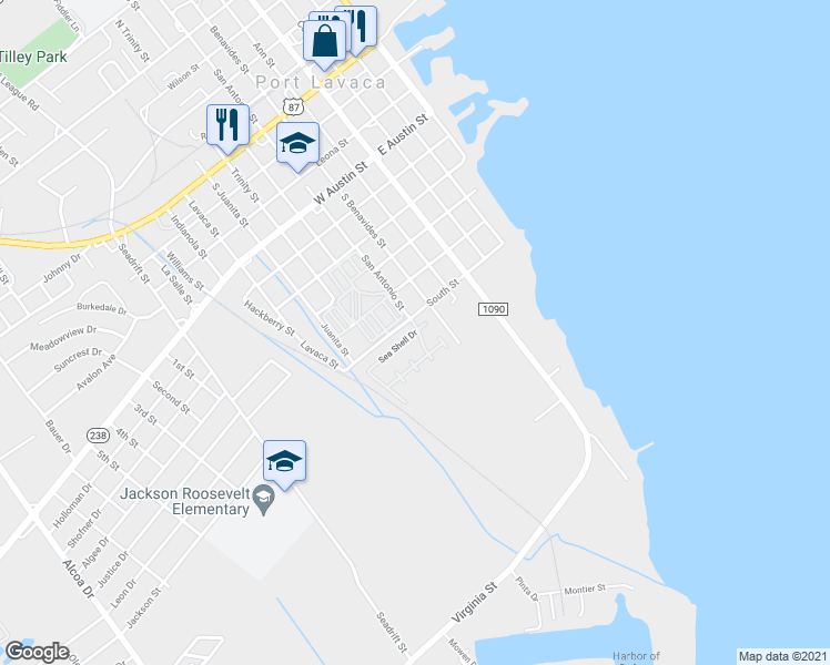 map of restaurants, bars, coffee shops, grocery stores, and more near 122 Sea Shell Drive in Port Lavaca