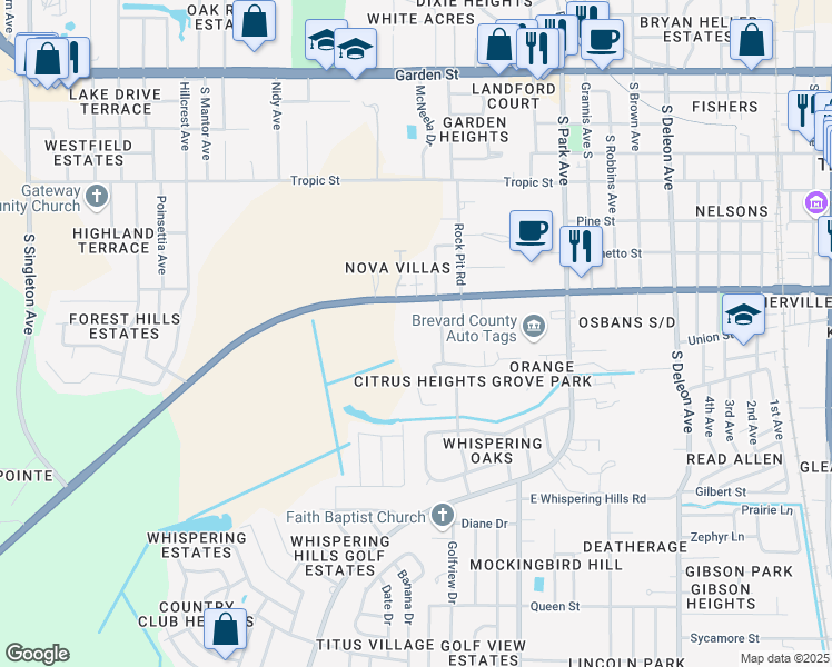map of restaurants, bars, coffee shops, grocery stores, and more near 800 Lane Avenue in Titusville