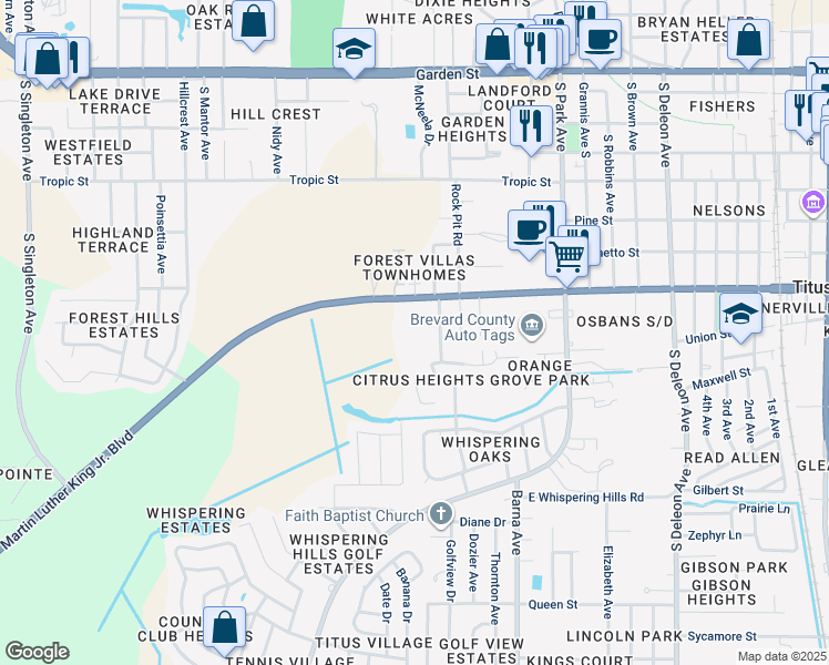 map of restaurants, bars, coffee shops, grocery stores, and more near 800 Lane Avenue in Titusville