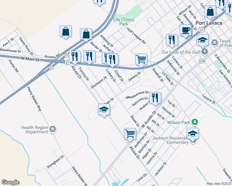 map of restaurants, bars, coffee shops, grocery stores, and more near 104 Bauer Drive in Port Lavaca