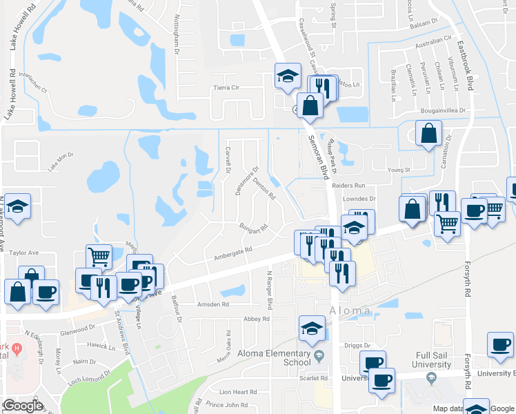 map of restaurants, bars, coffee shops, grocery stores, and more near 730 Ellendale Drive in Winter Park