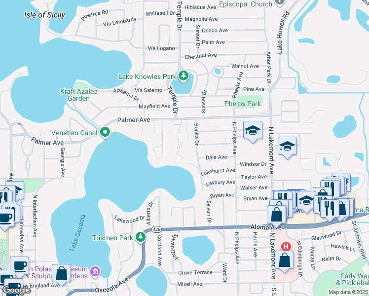 map of restaurants, bars, coffee shops, grocery stores, and more near 1006 Temple Grove Street in Winter Park