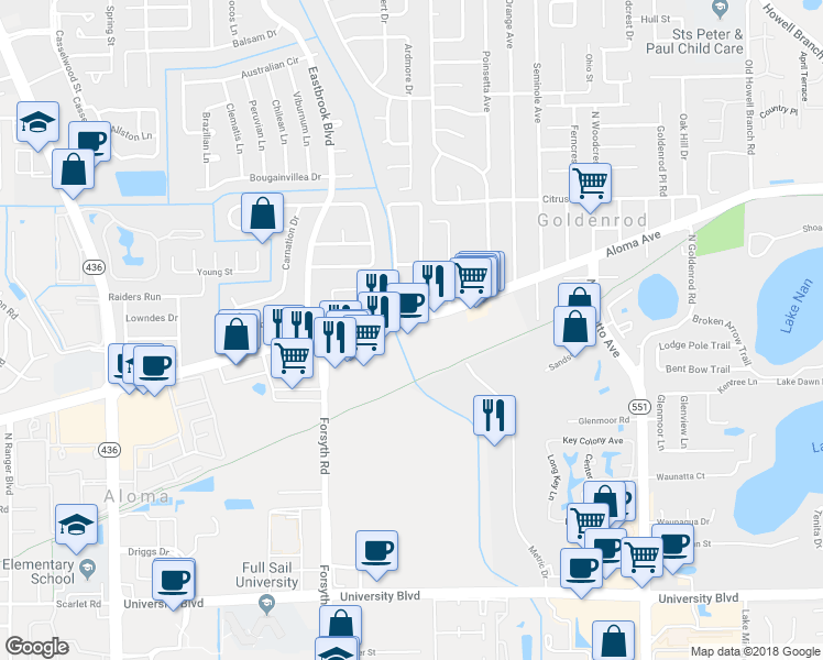 map of restaurants, bars, coffee shops, grocery stores, and more near 6906 Aloma Avenue in Winter Park
