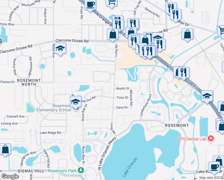 map of restaurants, bars, coffee shops, grocery stores, and more near 4436 Golden Rain Court in Orlando