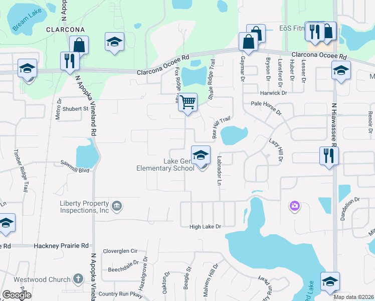 map of restaurants, bars, coffee shops, grocery stores, and more near 5243 Shale Ridge Trail in Orlando