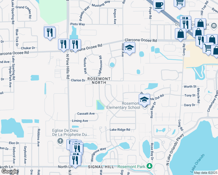 map of restaurants, bars, coffee shops, grocery stores, and more near 5266 Stone Harbour Road in Orlando