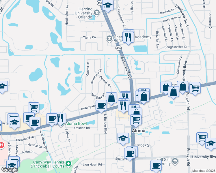 map of restaurants, bars, coffee shops, grocery stores, and more near 714 Denton Road in Winter Park