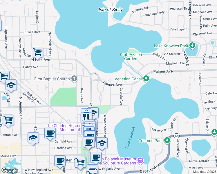 map of restaurants, bars, coffee shops, grocery stores, and more near 246 Palmer Avenue in Winter Park