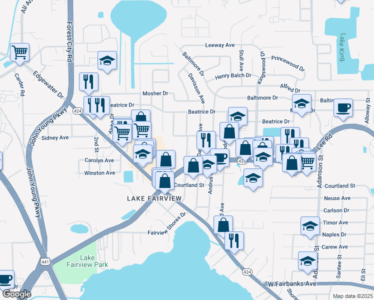 map of restaurants, bars, coffee shops, grocery stores, and more near 5205 Eggleston Avenue in Orlando