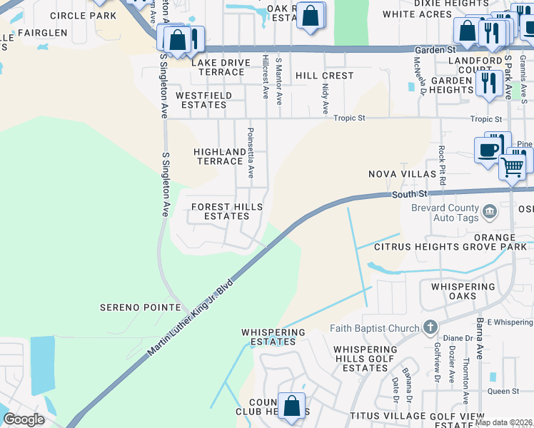 map of restaurants, bars, coffee shops, grocery stores, and more near 795 Hillcrest Avenue in Titusville
