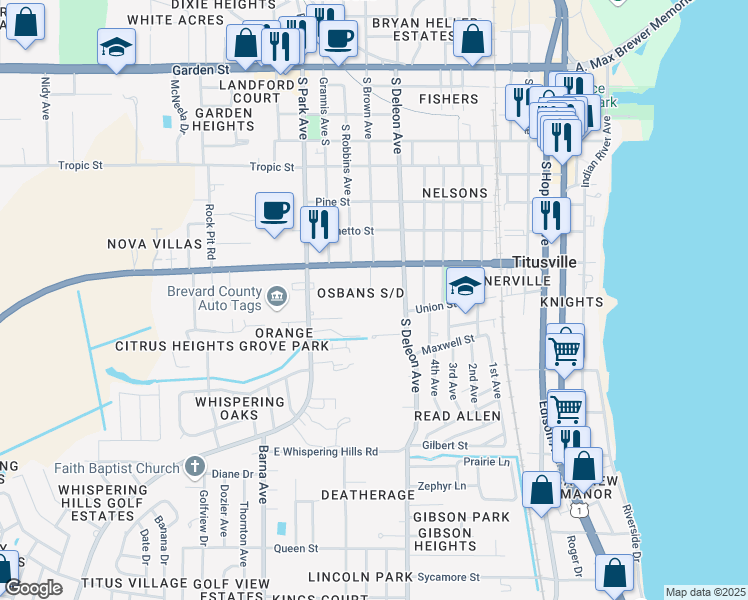map of restaurants, bars, coffee shops, grocery stores, and more near 111 Weaver Boulevard in Titusville