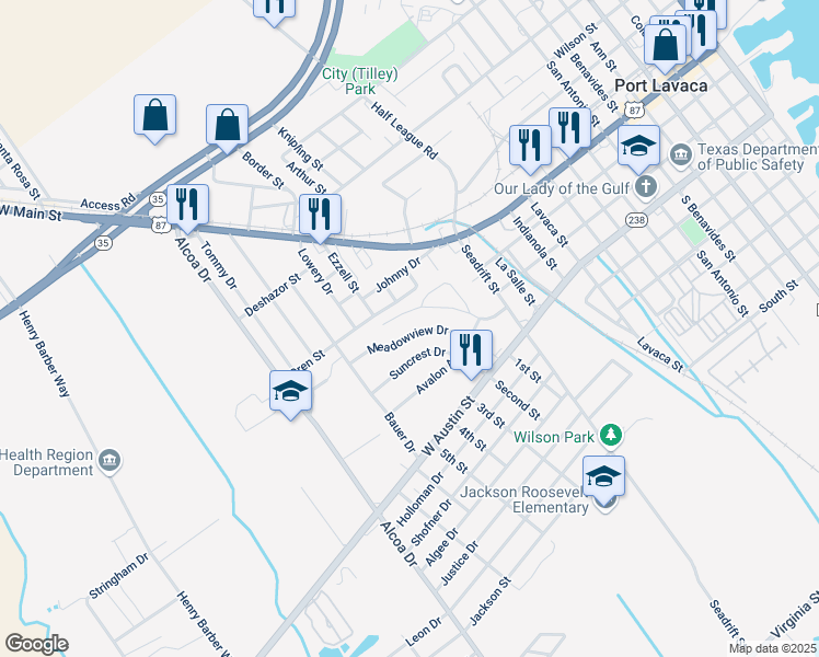 map of restaurants, bars, coffee shops, grocery stores, and more near 1505 Meadowview Drive in Port Lavaca