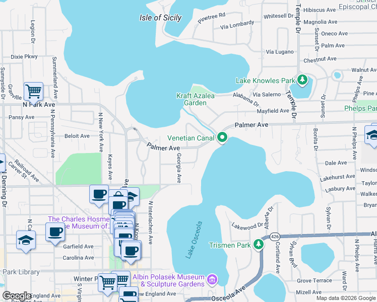 map of restaurants, bars, coffee shops, grocery stores, and more near 580 Palmer Avenue in Winter Park